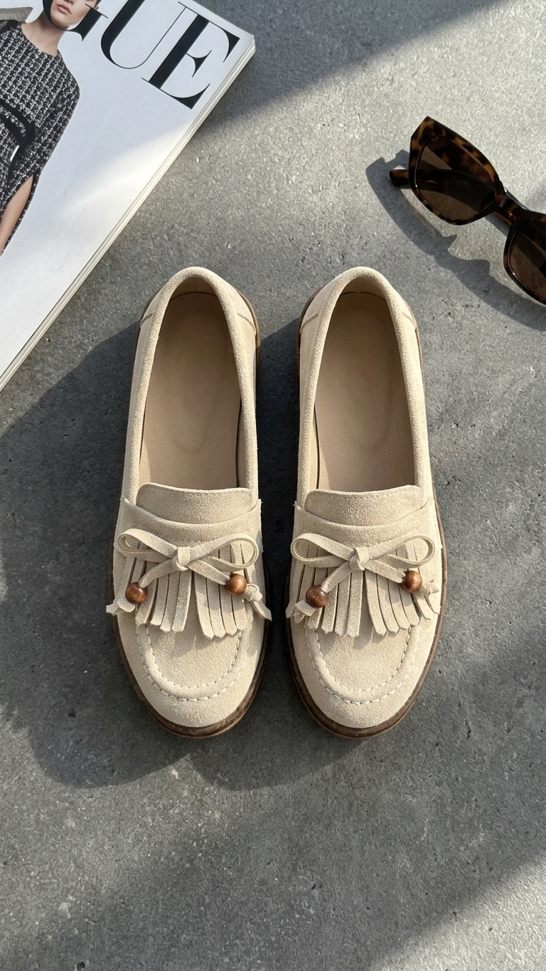 Boriy Kadın Bej Deri Tozu Süet Babet Ayakkabı