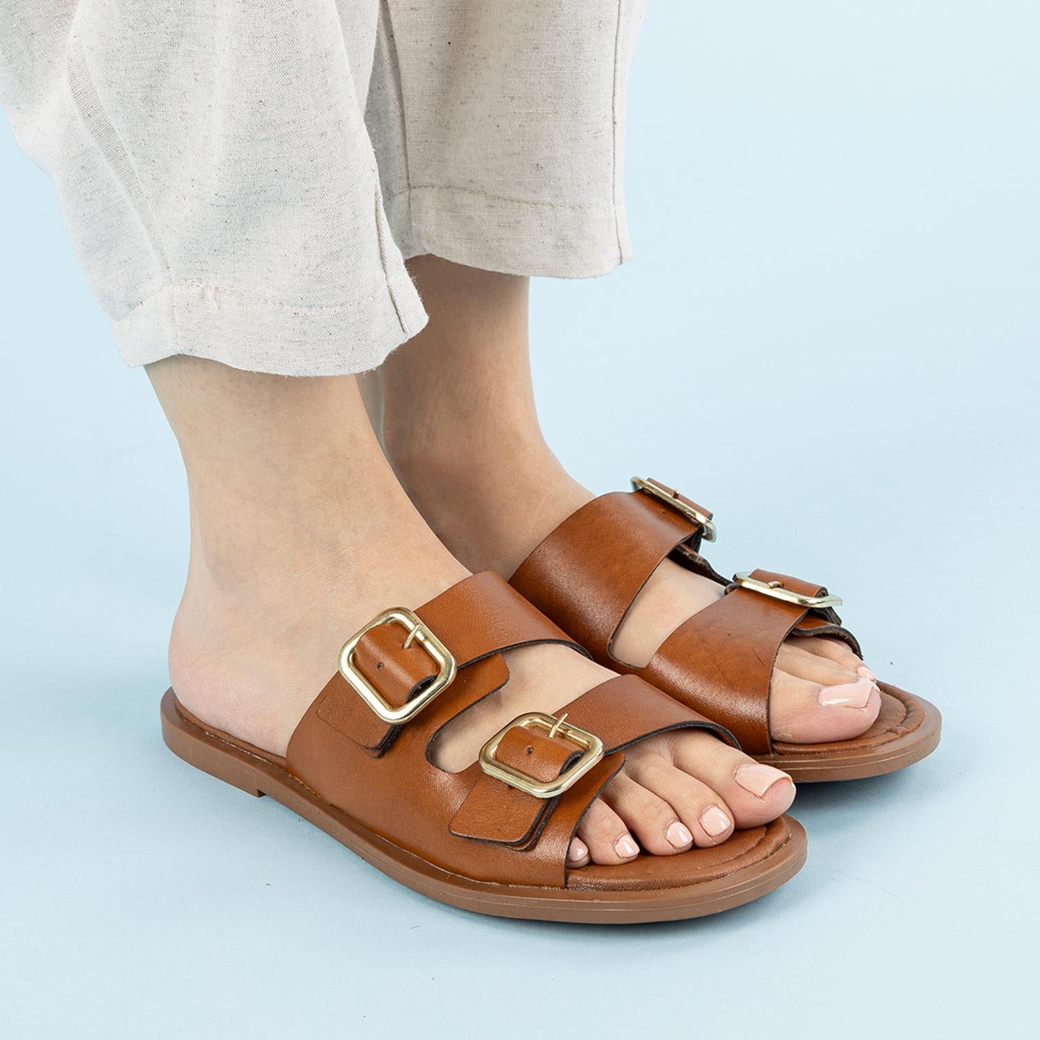 Borla Kadın Hakiki Deri Çift Bantlı Taba Terlik