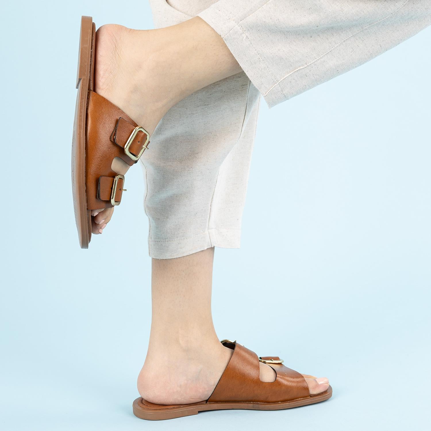 Borla Kadın Hakiki Deri Çift Bantlı Taba Terlik