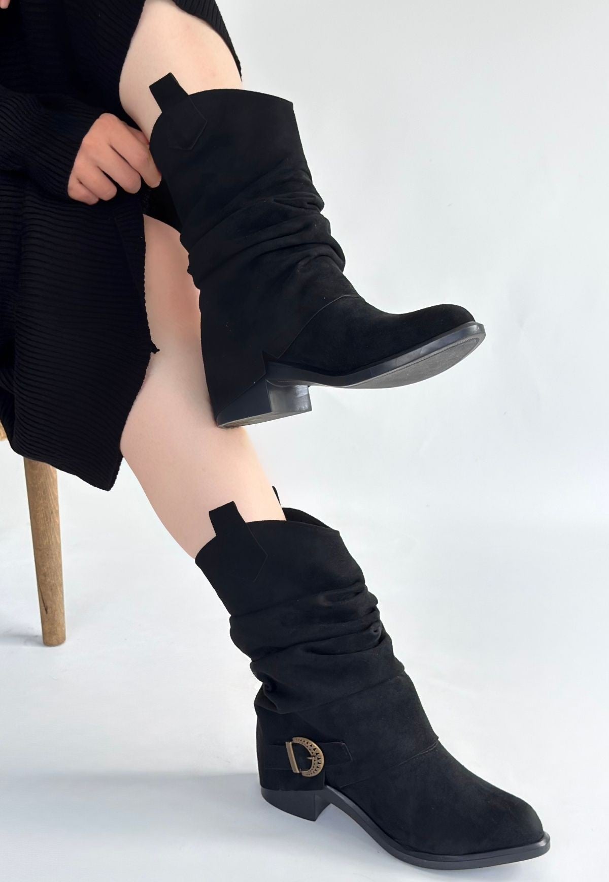 Canty Kadın Siyah Süet Körüklü Topuklu Çizme