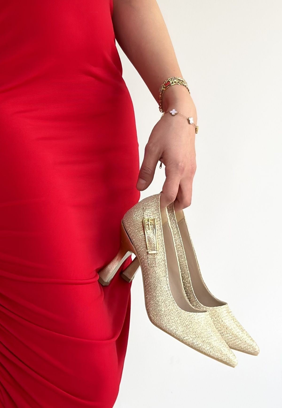 Cerin Kadın Gold Saten Simli Topuklu Ayakkabı