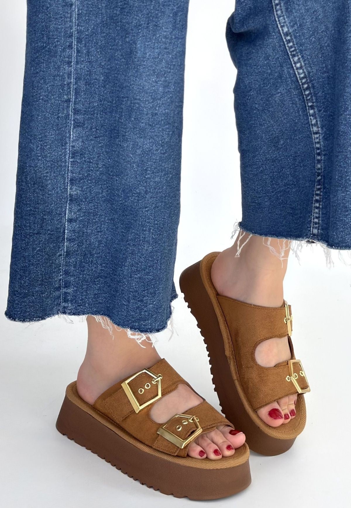 Coer Kadın Taba Süet Çift Tokalı Terlik