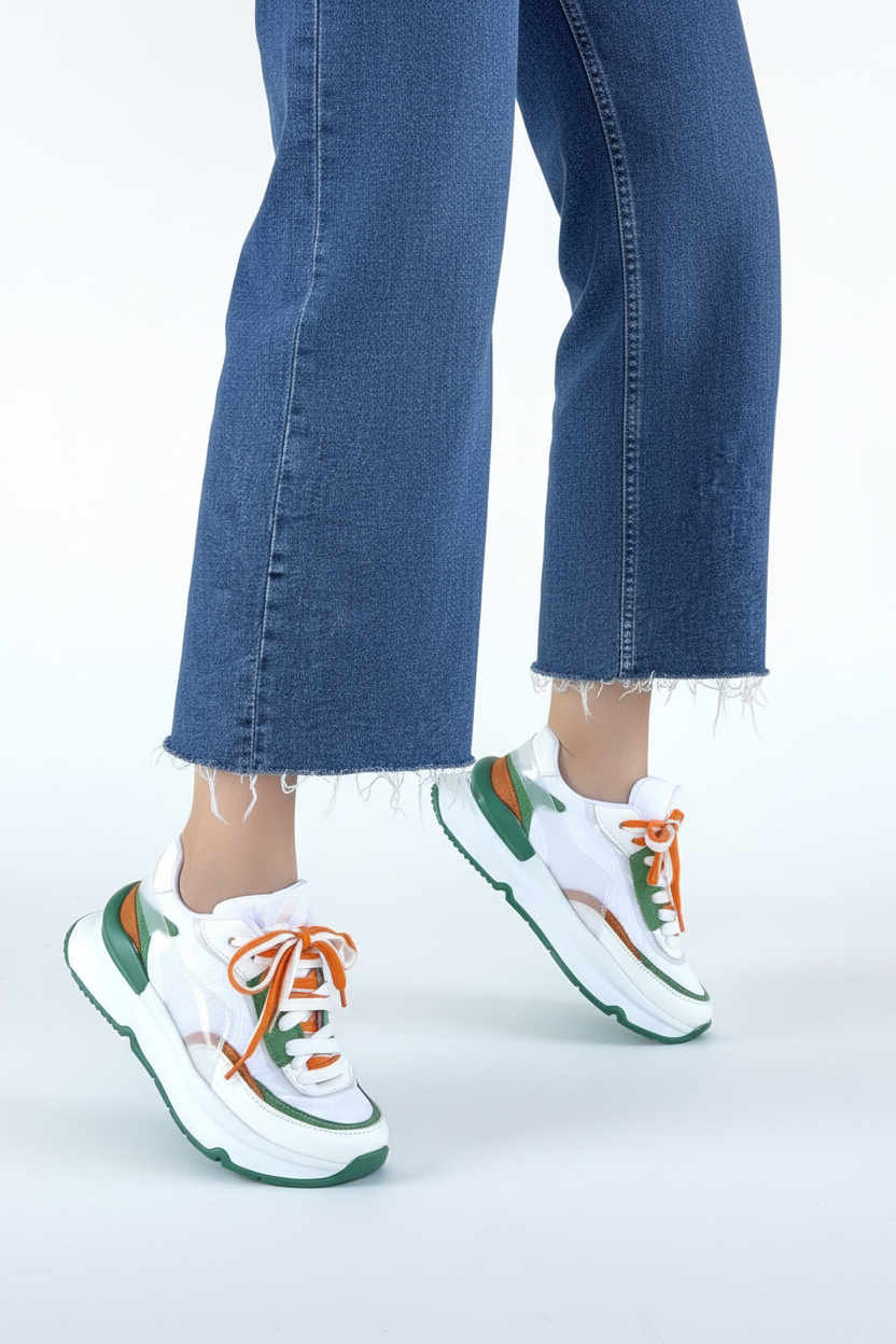 Aleh Kadın Beyaz Yeşil Detaylı Çift Bağcıklı Spor Ayakkabı