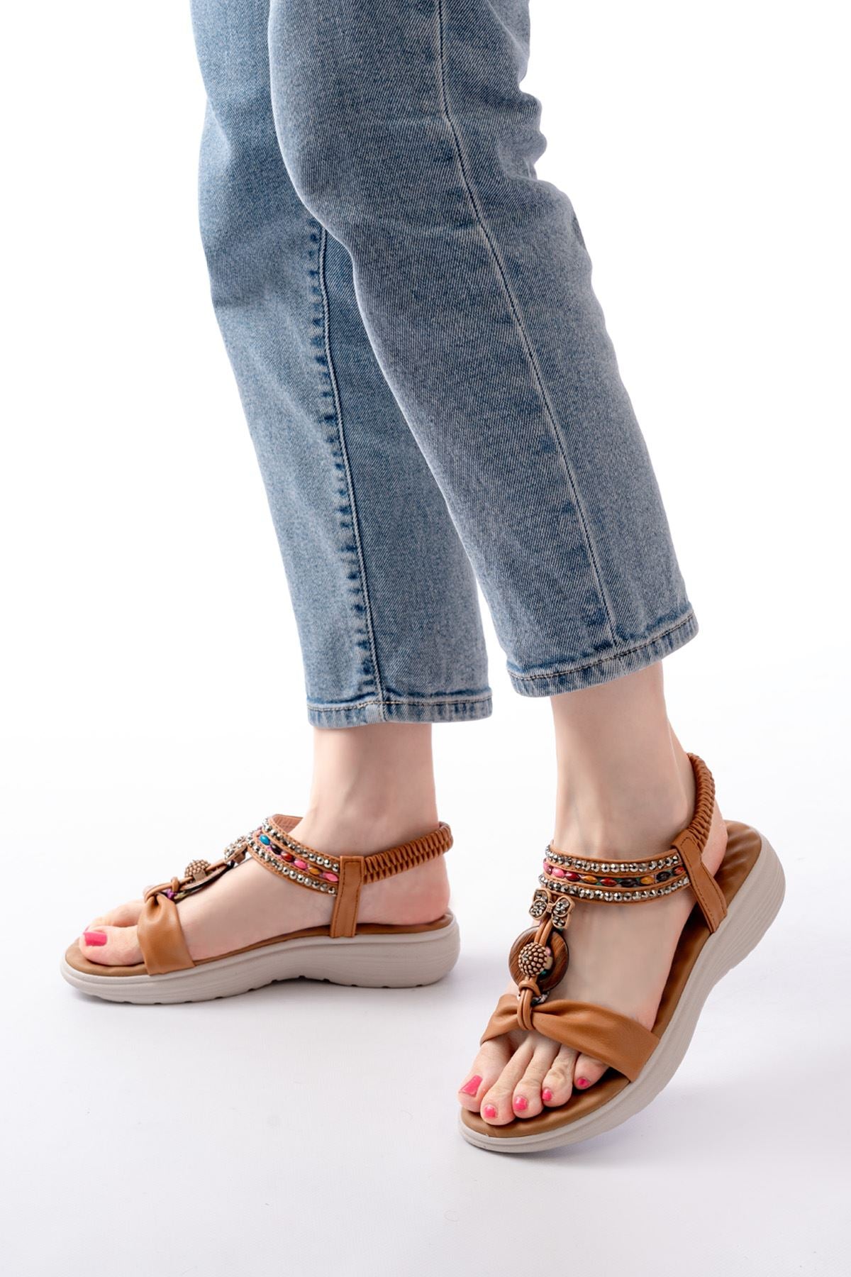 Seyra Taba Taşlı Arka Lastikli Kadın Sandalet