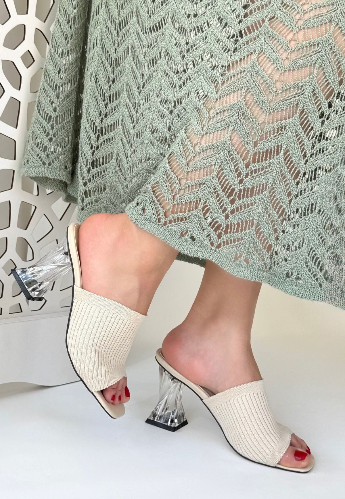 Evra Kadın Ten Triko Şeffaf Topuklu Terlik