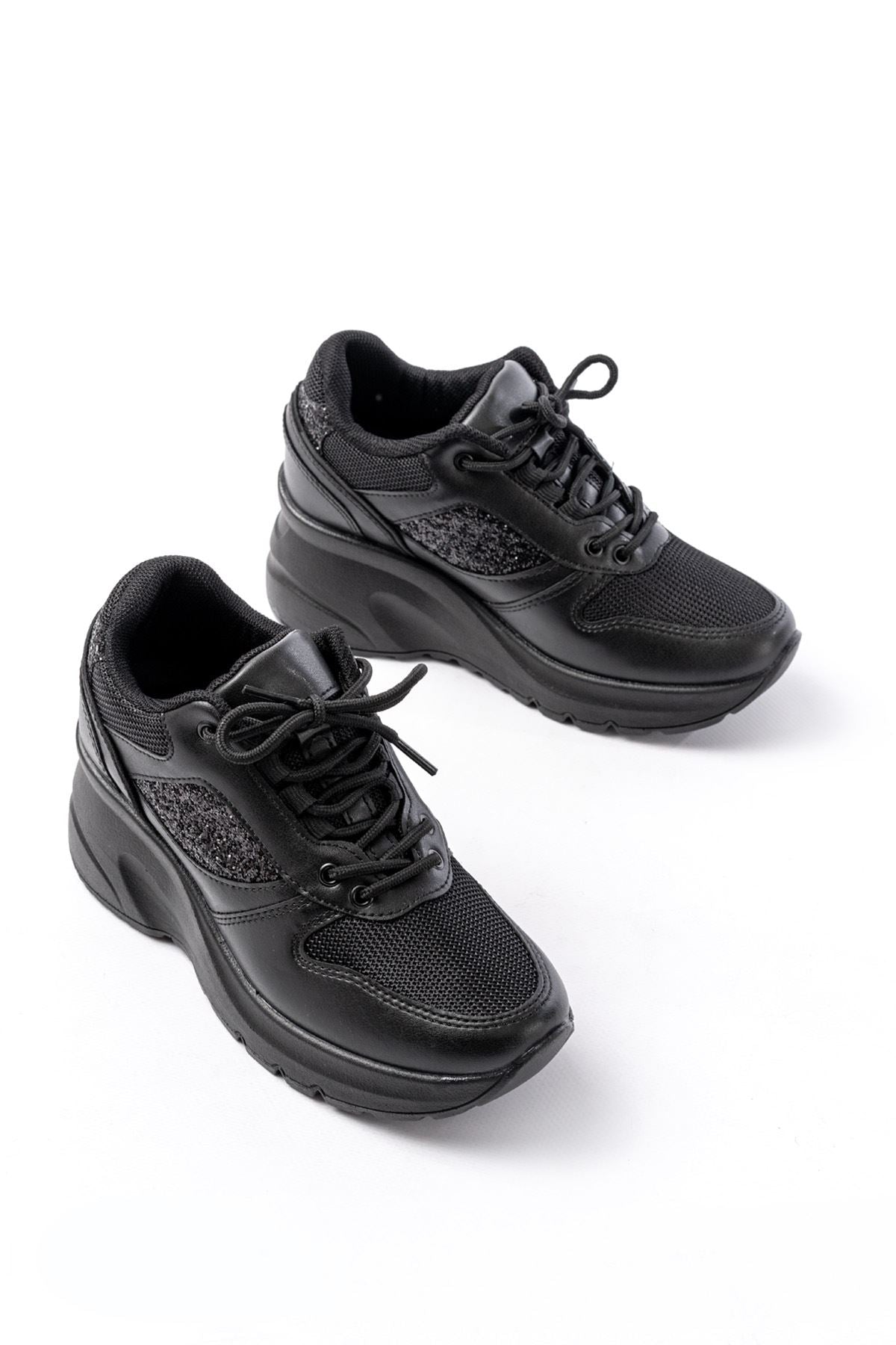 Macalu Kadın Siyah Fileli Taşlı Spor Ayakkabı