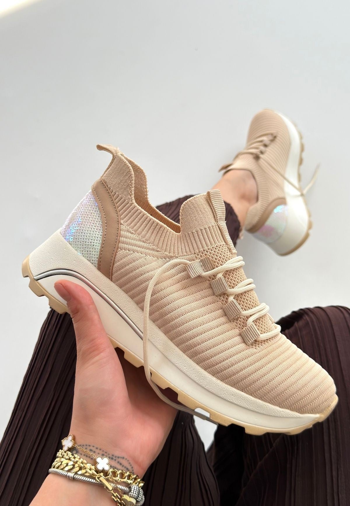 Feort Kadın Bej Triko Bağcıklı Spor Ayakkabı