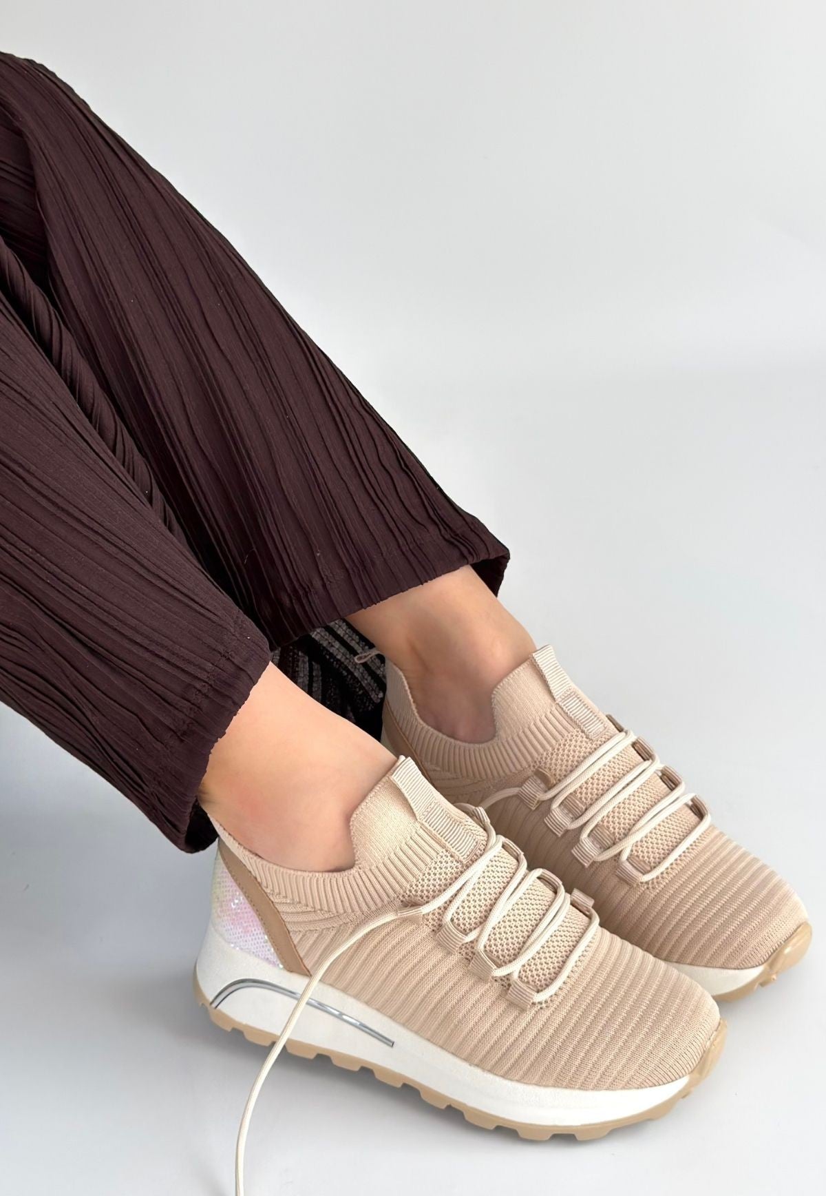 Feort Kadın Bej Triko Bağcıklı Spor Ayakkabı