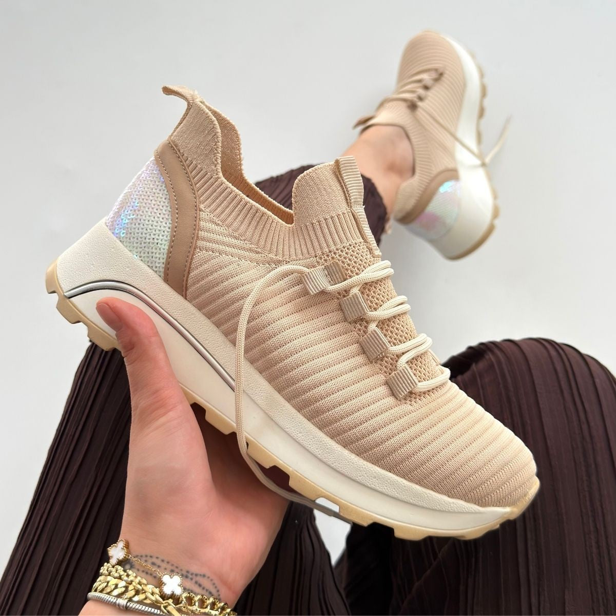 Feort Kadın Bej Triko Bağcıklı Spor Ayakkabı