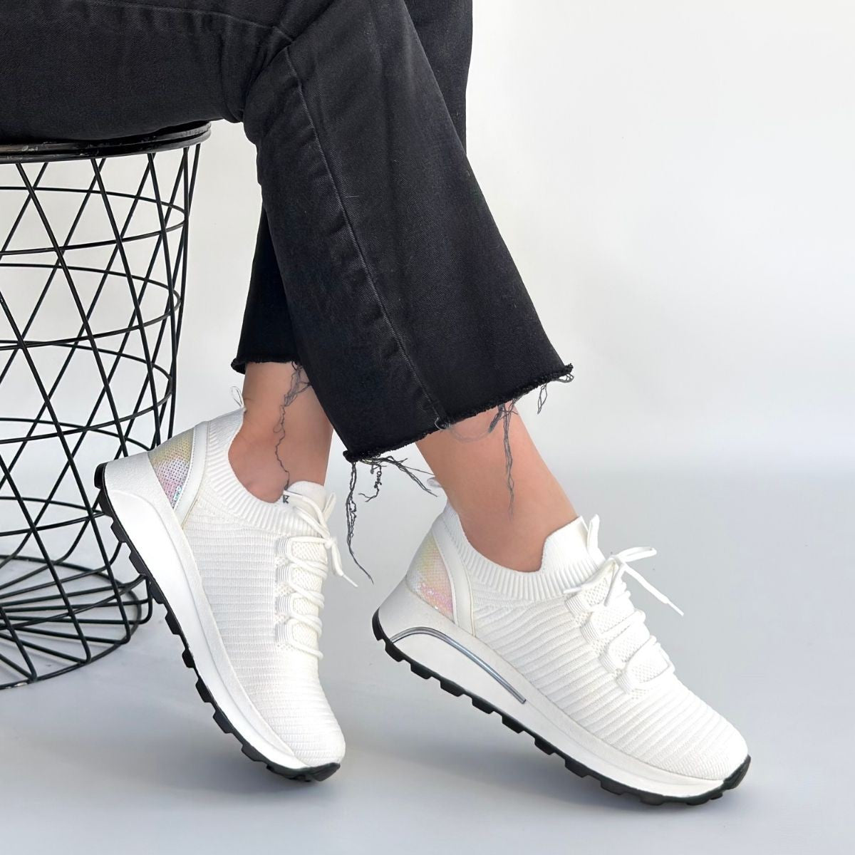 Feort Kadın Beyaz Triko Bağcıklı Spor Ayakkabı