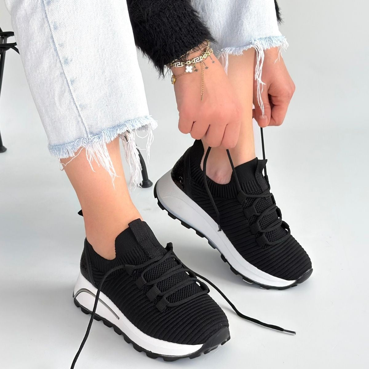 Feort Kadın Siyah Triko Bağcıklı Spor Ayakkabı