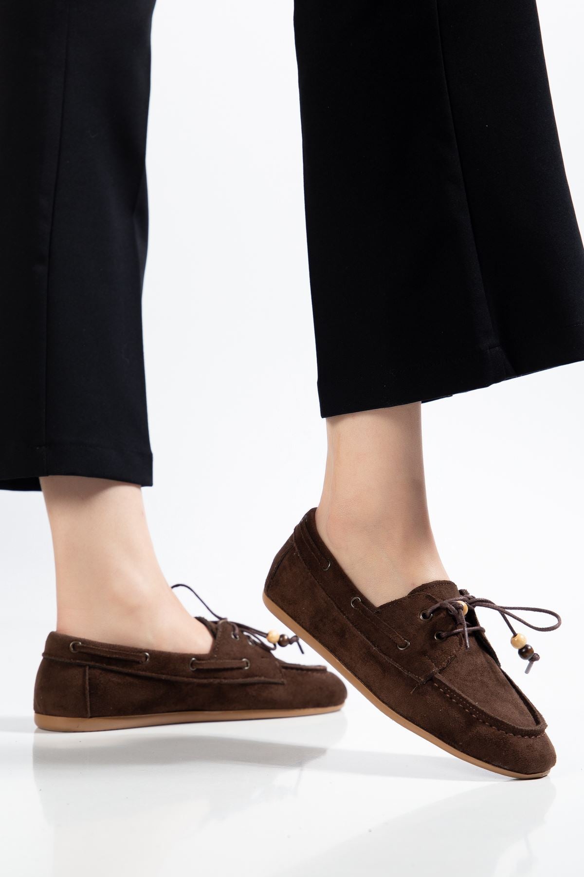 Torene Kadın Kahve Süet Boncuk İpli Loafer Ayakkabı