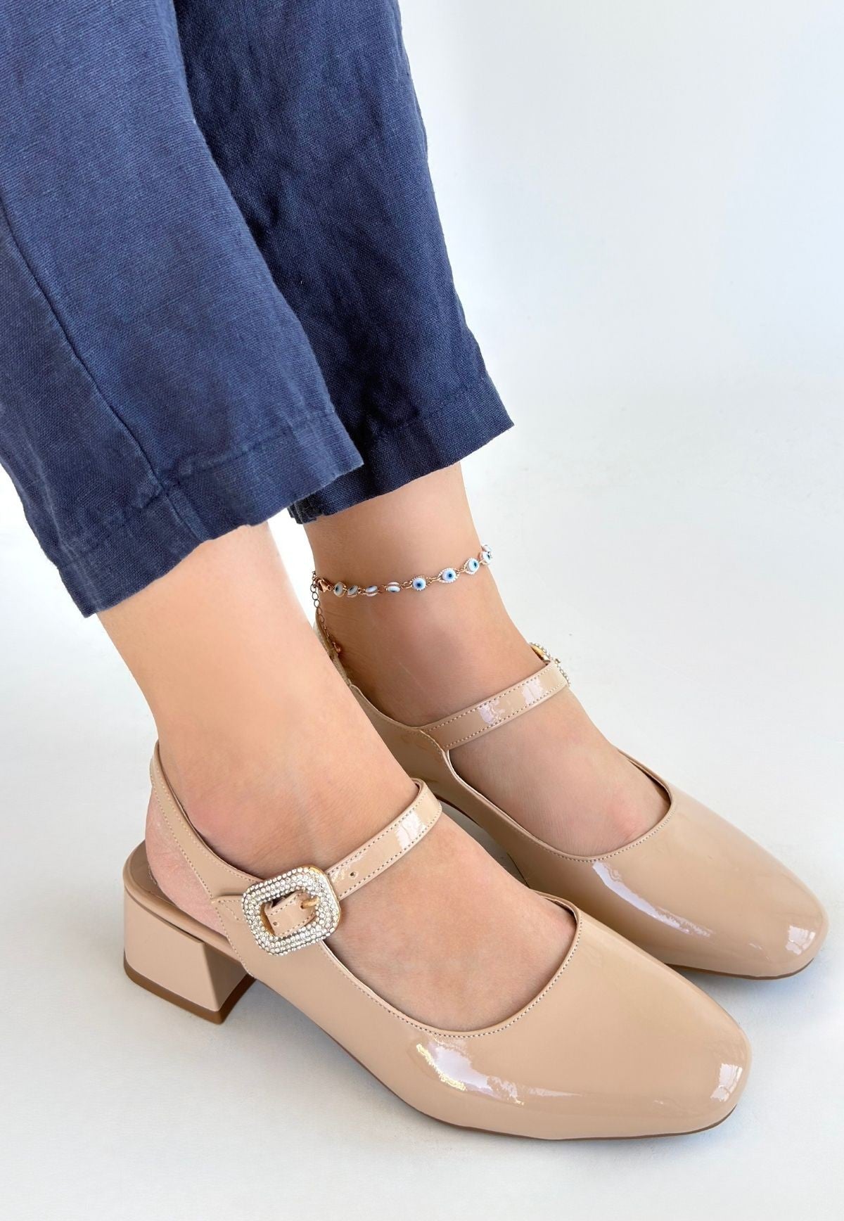 Gowe Kadın Nude Rugan Tokalı Kısa Topuklu Ayakkabı