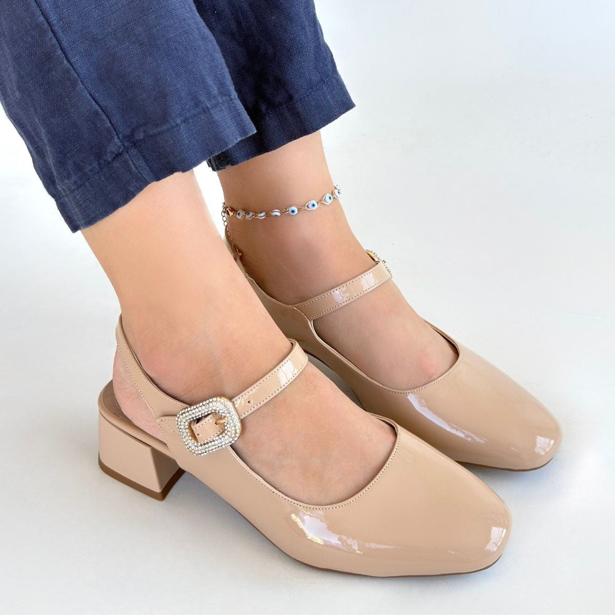Gowe Kadın Nude Rugan Tokalı Kısa Topuklu Ayakkabı