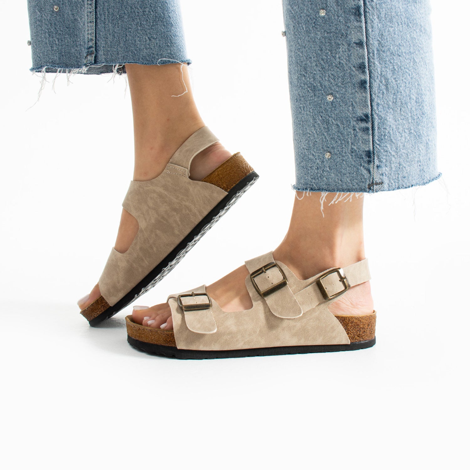 Holm Çift Tokalı Bej Kadın Sandalet