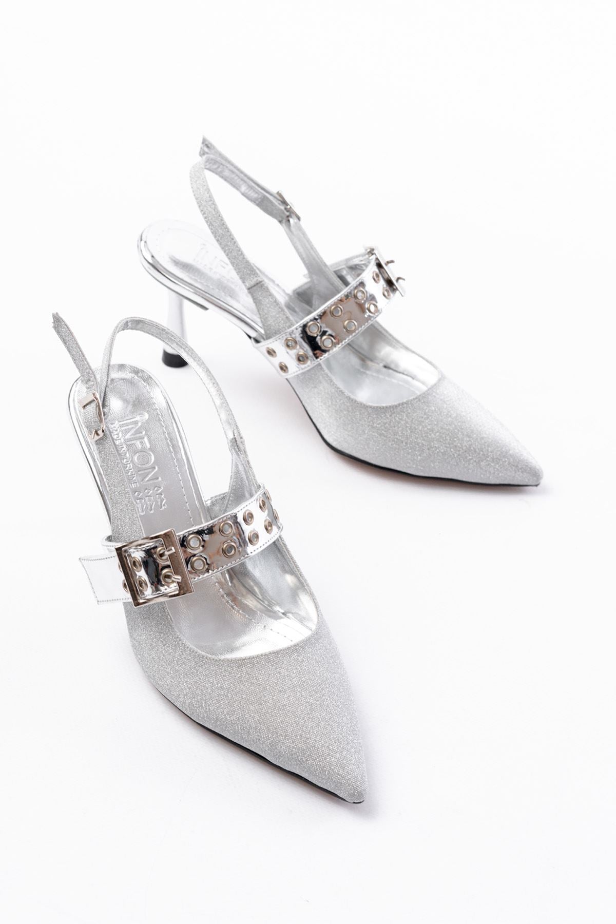 Gepsun Gümüş Simli Günlük Arkası Açık Baret Tokalı Topuklu Ayakkabı