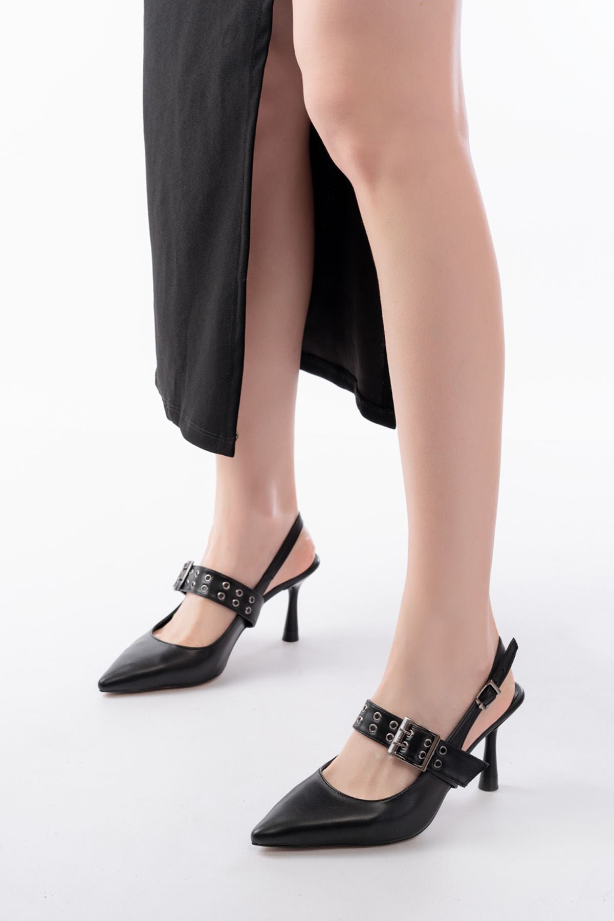 Gepsun Siyah Günlük Arkası Açık Baret Tokalı Topuklu Ayakkabı