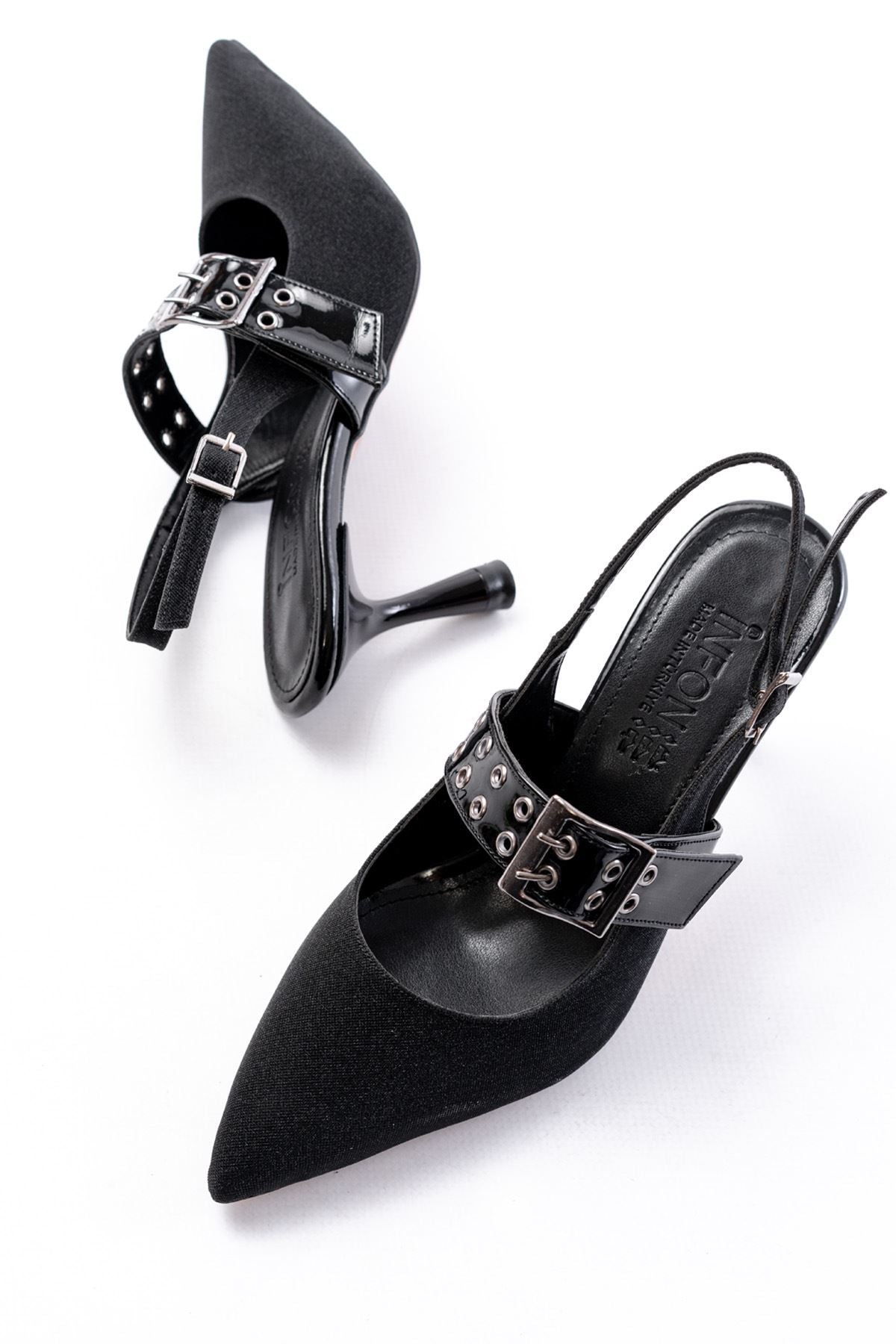 Gepsun Siyah Simli Günlük Arkası Açık Baret Tokalı Topuklu Ayakkabı