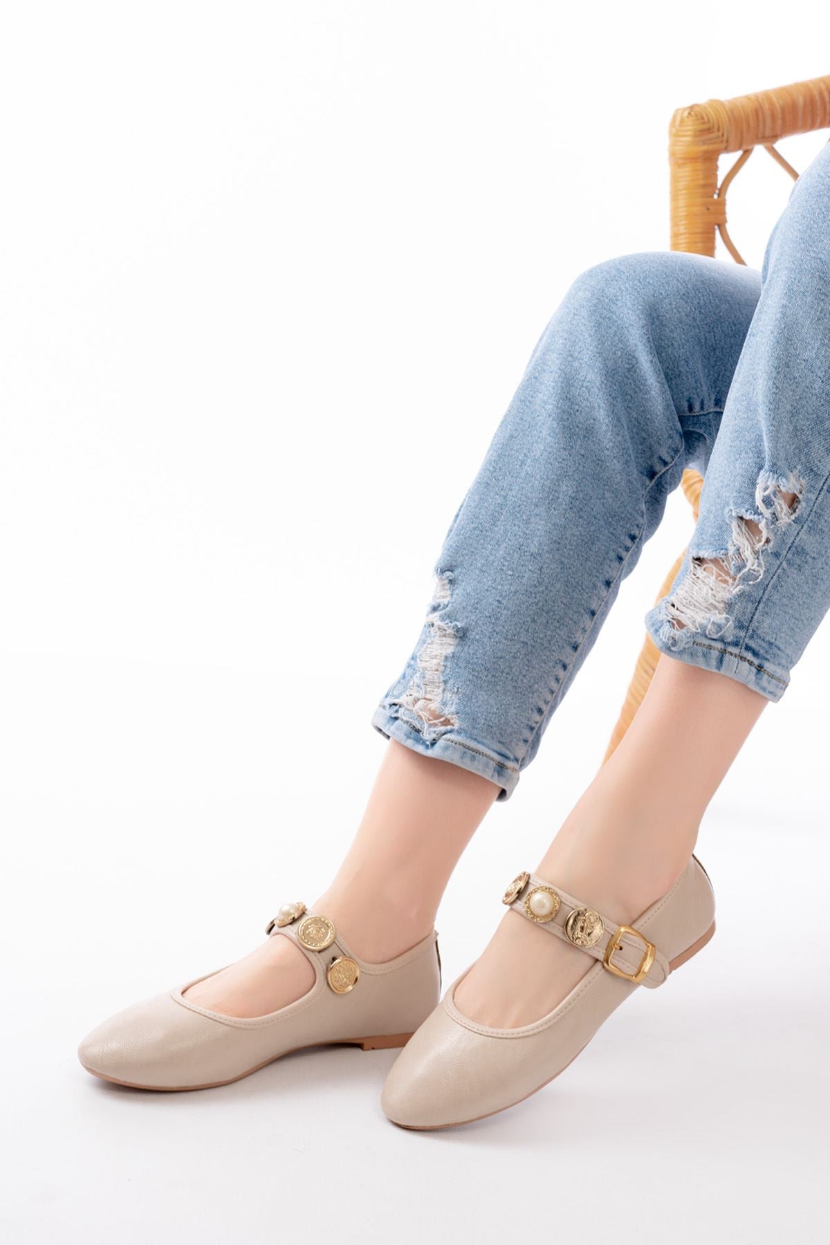 Gleras Bej Baret Tokalı Günlük Babet Ayakkabı