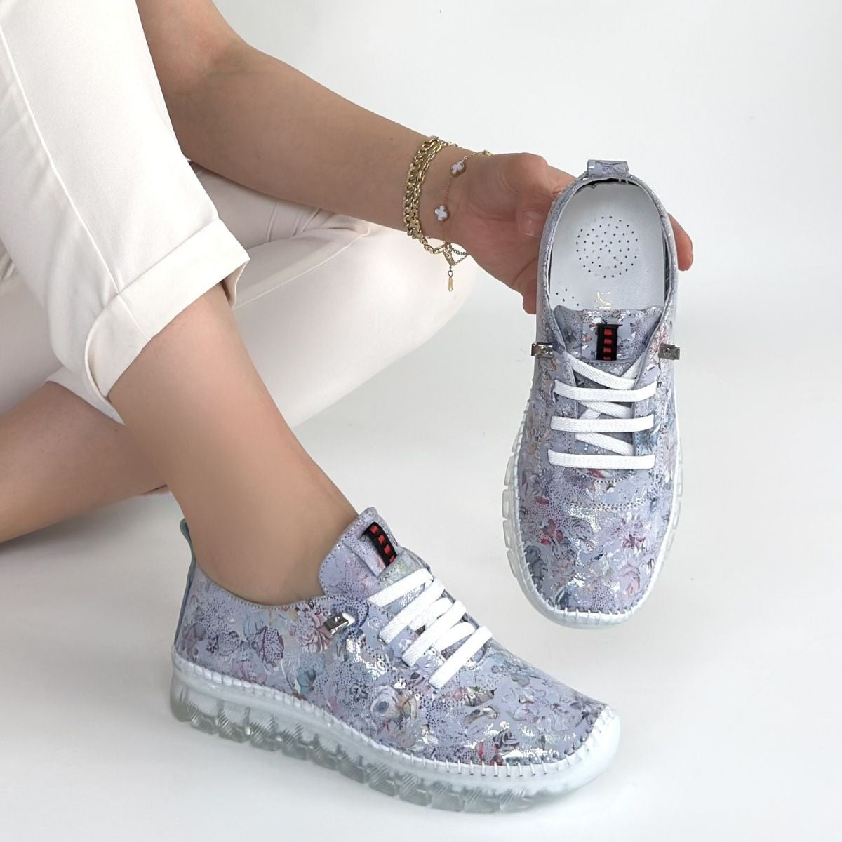 Jiten Kadın Lila Desenli Hakiki Deri Bağcıklı Spor Ayakkabı