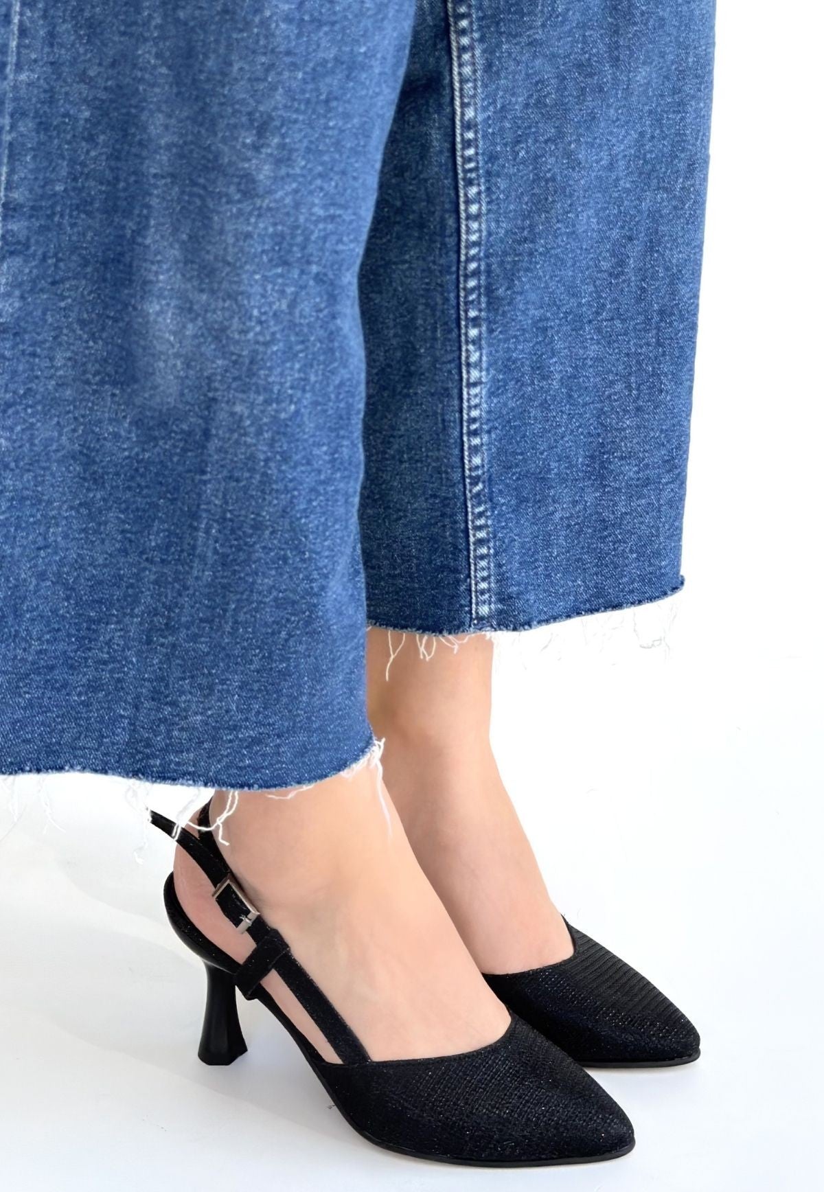 Joga Kadın Siyah Saten Simli Topuklu Ayakkabı