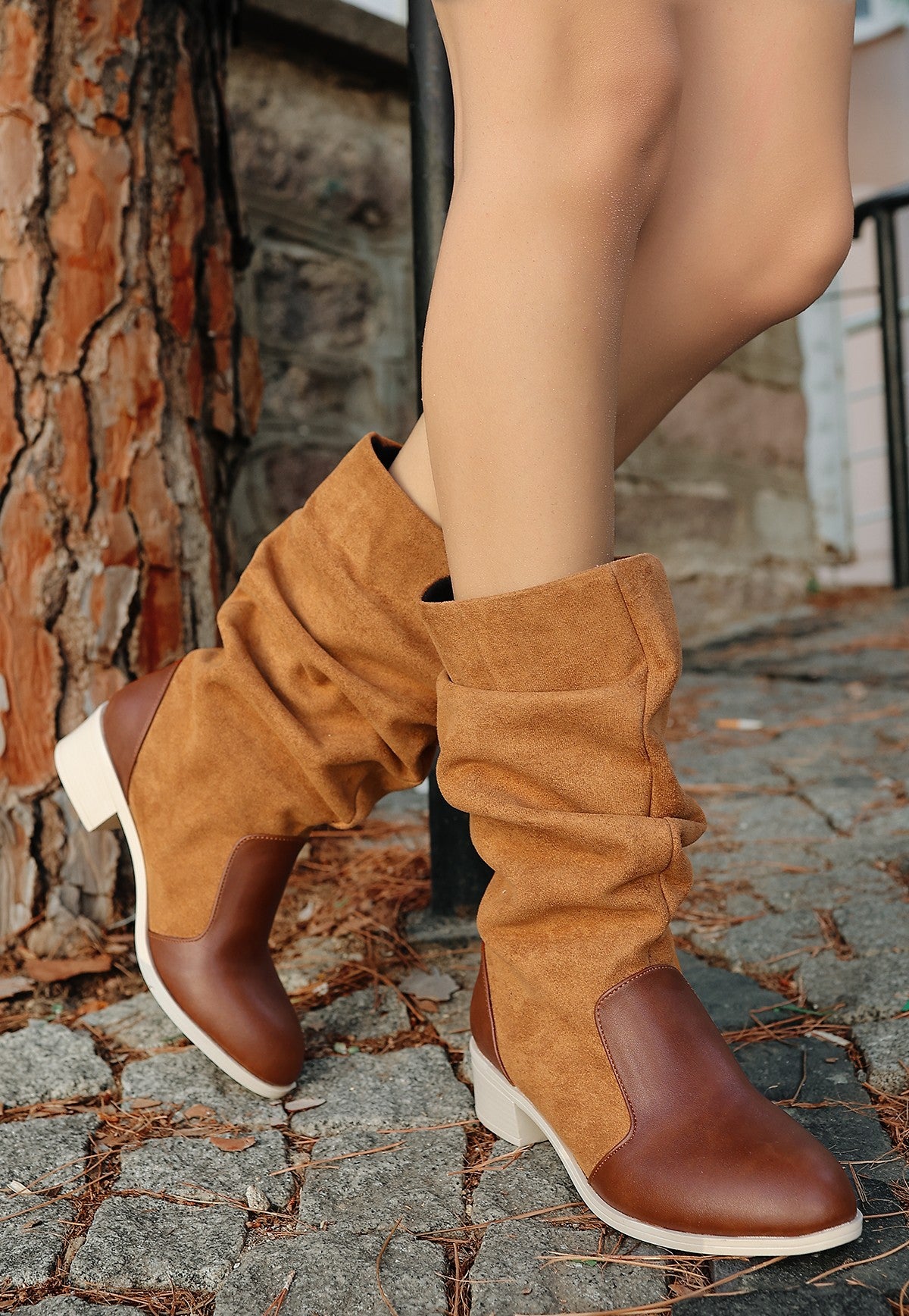 Jolin Kadın Taba Süet Detaylı Körüklü Çizme