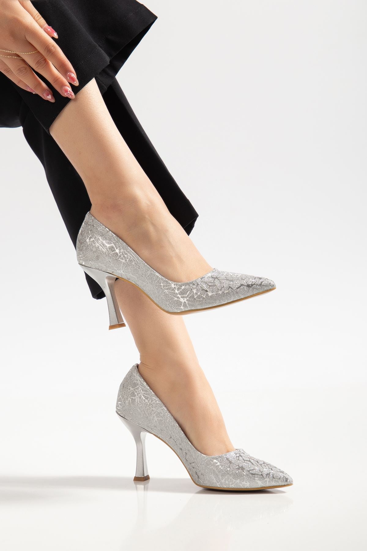Aseng Gümüş Ağaç Kabuğu Desenli Kadın Topuklu Stiletto Ayakkabı