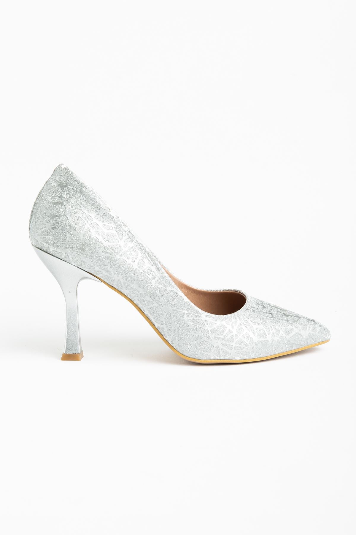 Aseng Gümüş Ağaç Kabuğu Desenli Kadın Topuklu Stiletto Ayakkabı