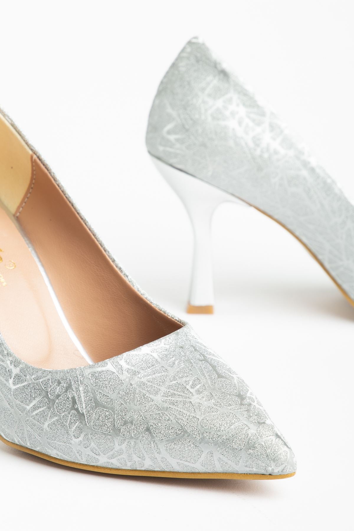 Aseng Gümüş Ağaç Kabuğu Desenli Kadın Topuklu Stiletto Ayakkabı