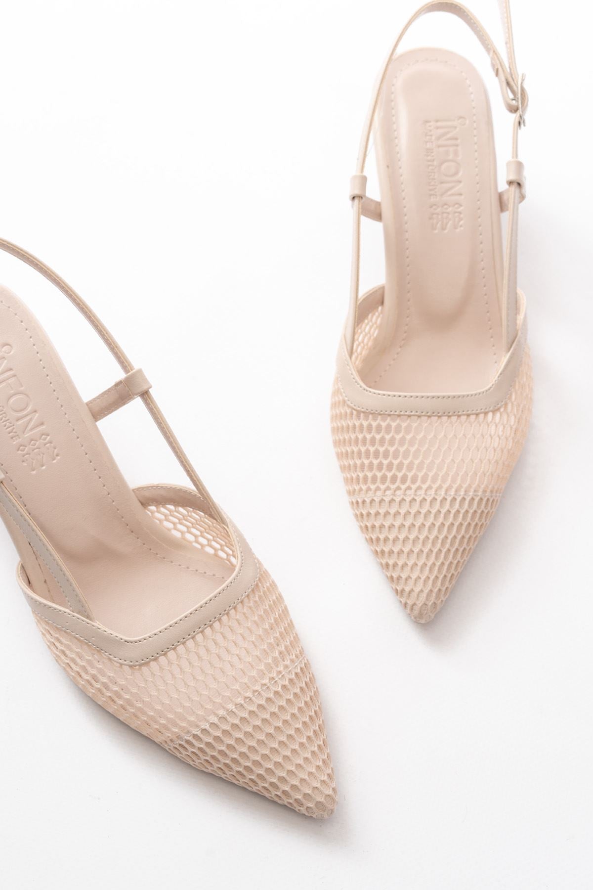 Camiry Bej Fileli Arkası Açık Topuklu Ayakkabı