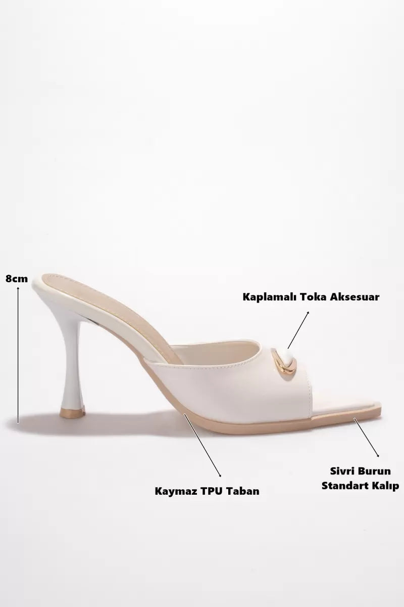 Klando Kadın Beyaz Rugan Sivri Burun Mule Model Topuklu Terlik