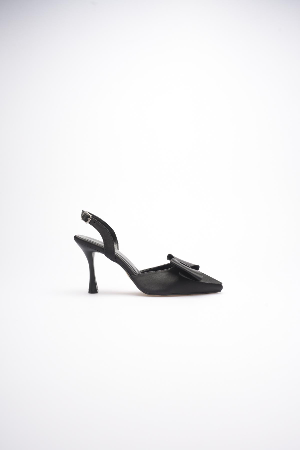 Fioren Kadın Siyah Fiyonklu Saten Slingback Topuklu Ayakkabı
