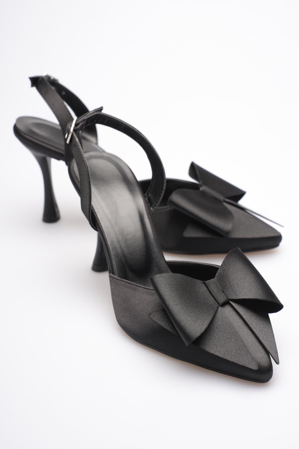 Fioren Kadın Siyah Fiyonklu Saten Slingback Topuklu Ayakkabı