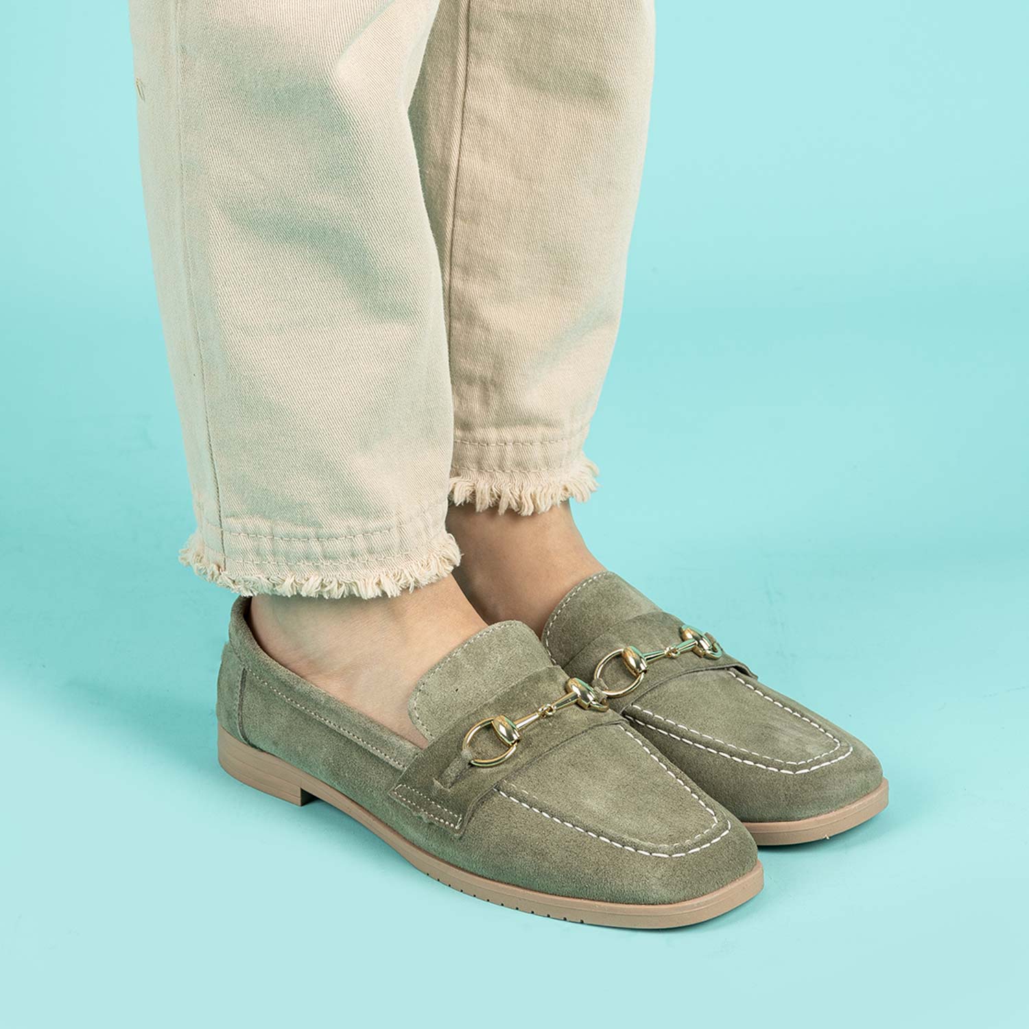 Malik Kadın Tokalı Süet Haki Loafer Ayakkabı