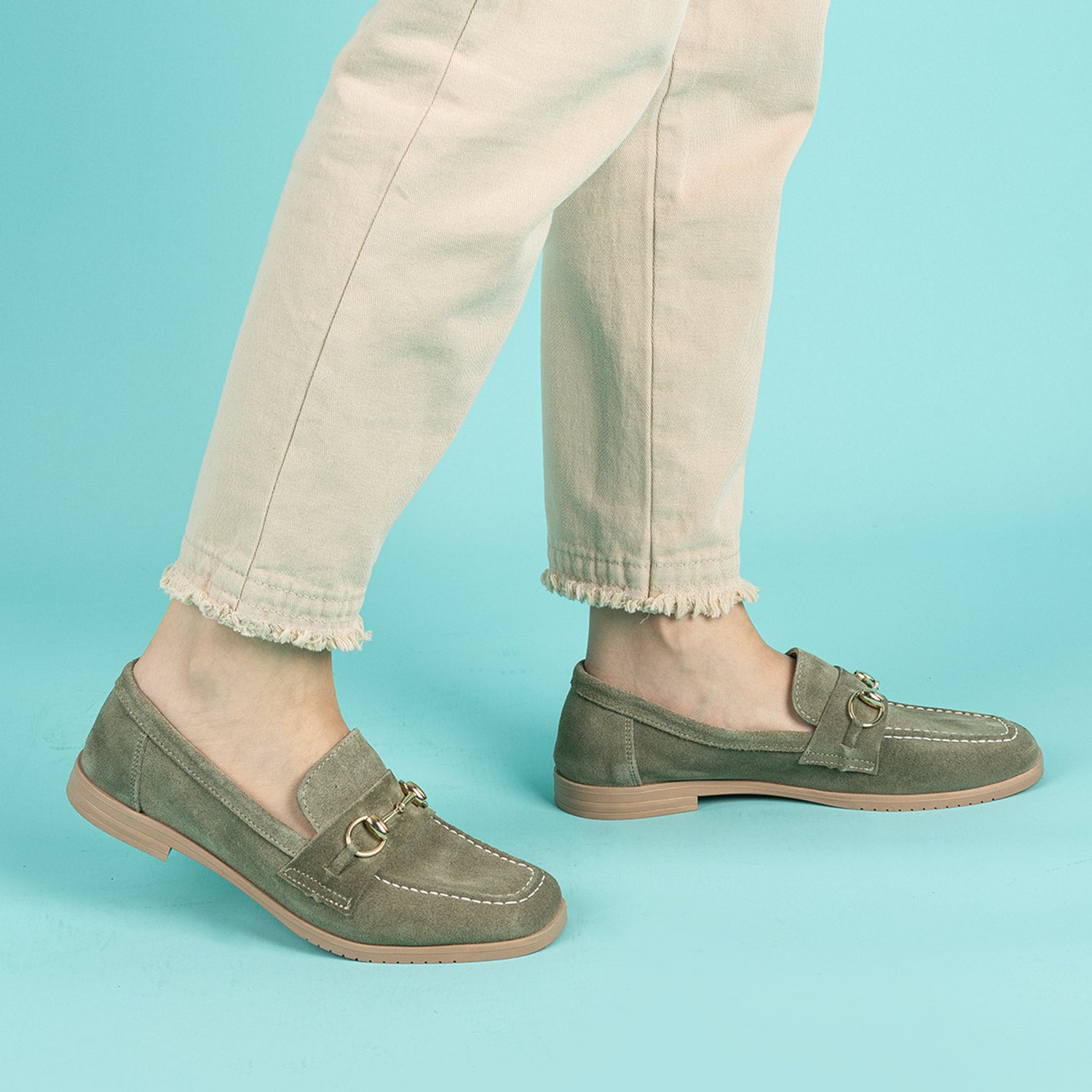 Malik Kadın Tokalı Süet Haki Loafer Ayakkabı