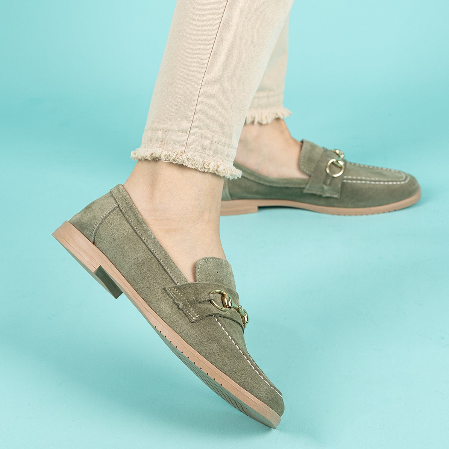 Malik Kadın Tokalı Süet Haki Loafer Ayakkabı