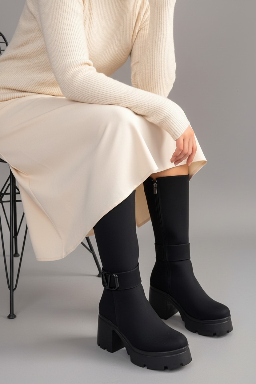 Moki Kadın Siyah Nubuk Tokalı Fermuarlı Topuklu Çizme