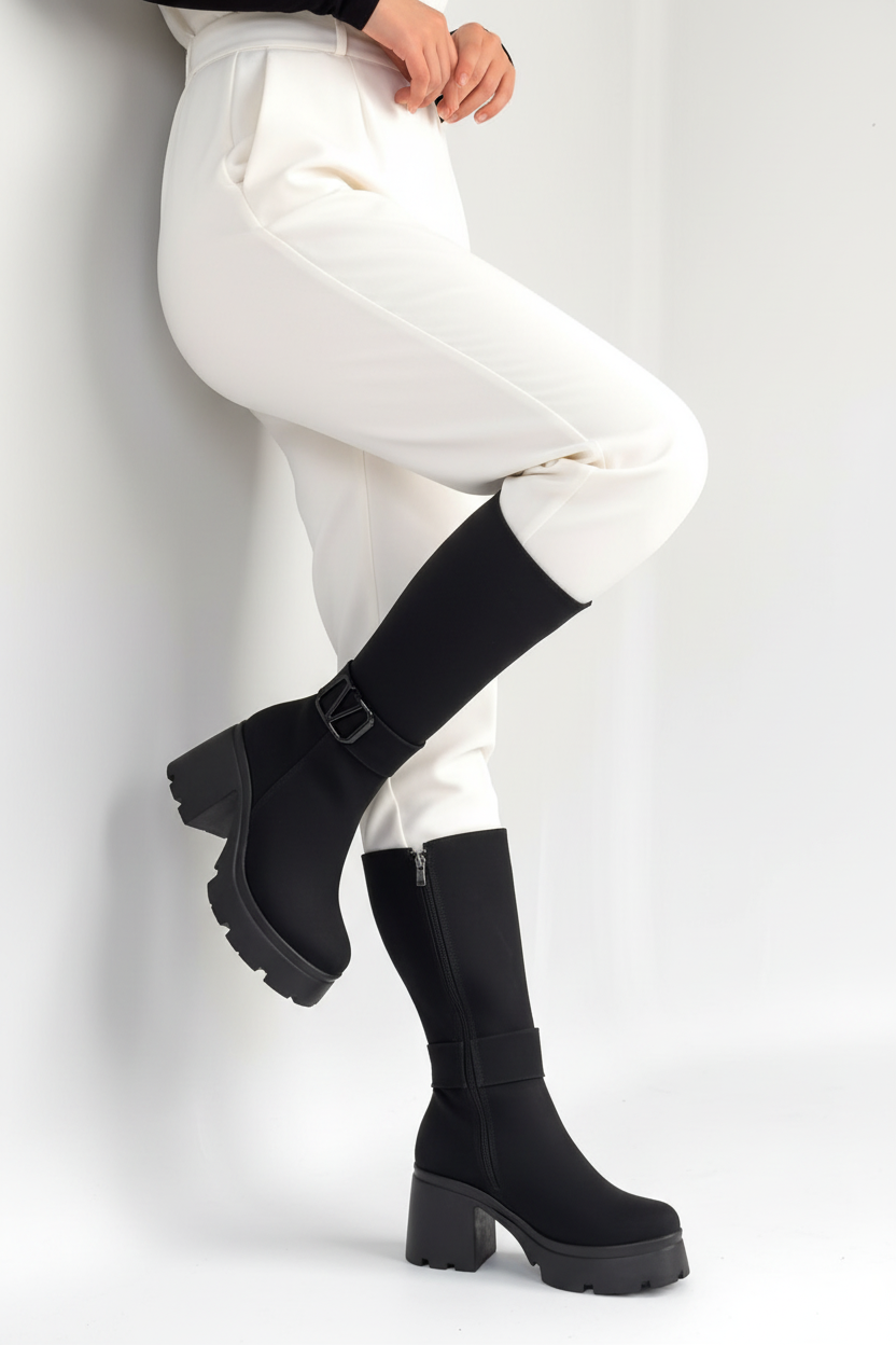 Moki Kadın Siyah Nubuk Tokalı Fermuarlı Topuklu Çizme