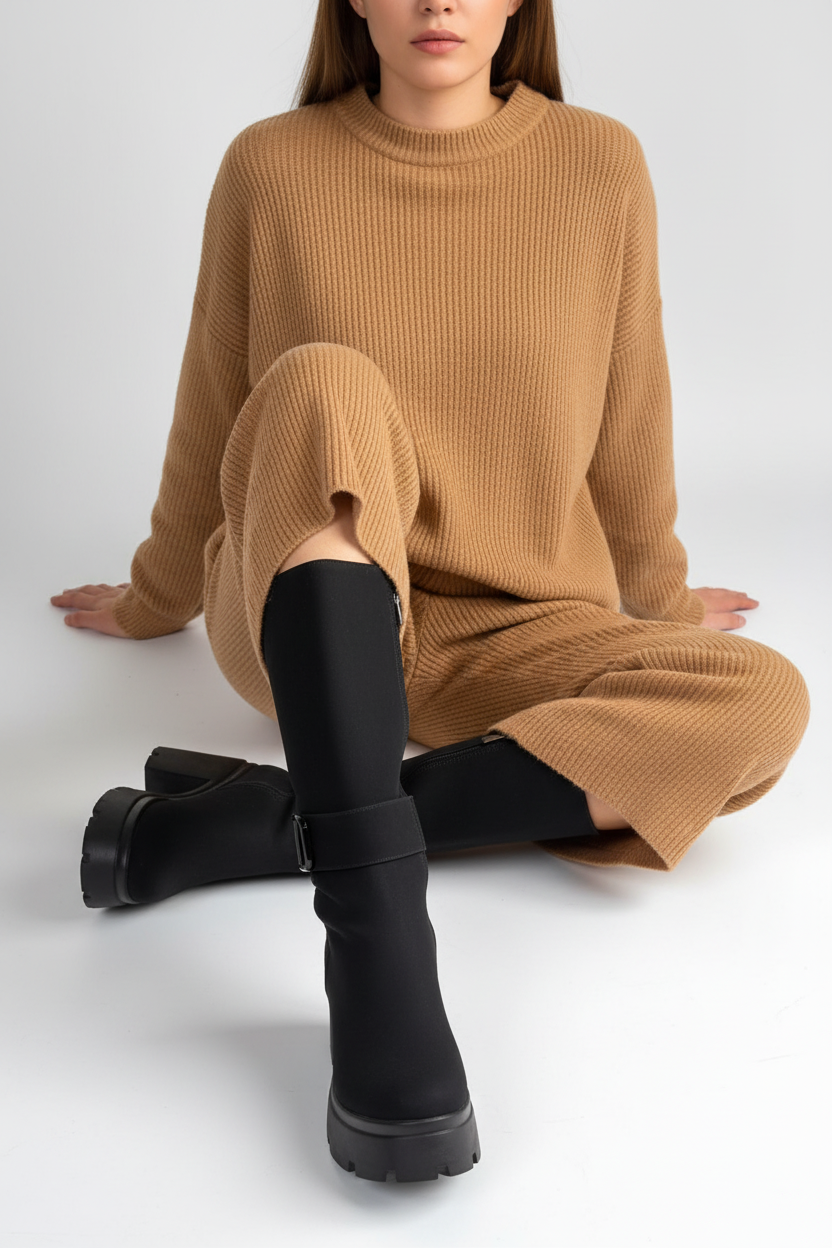 Moki Kadın Siyah Nubuk Tokalı Fermuarlı Topuklu Çizme