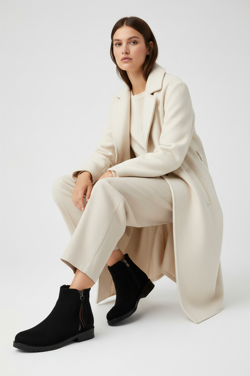 Alenyaz Siyah Süet Yaprak Desenli Fermuarlı Kadın Bot