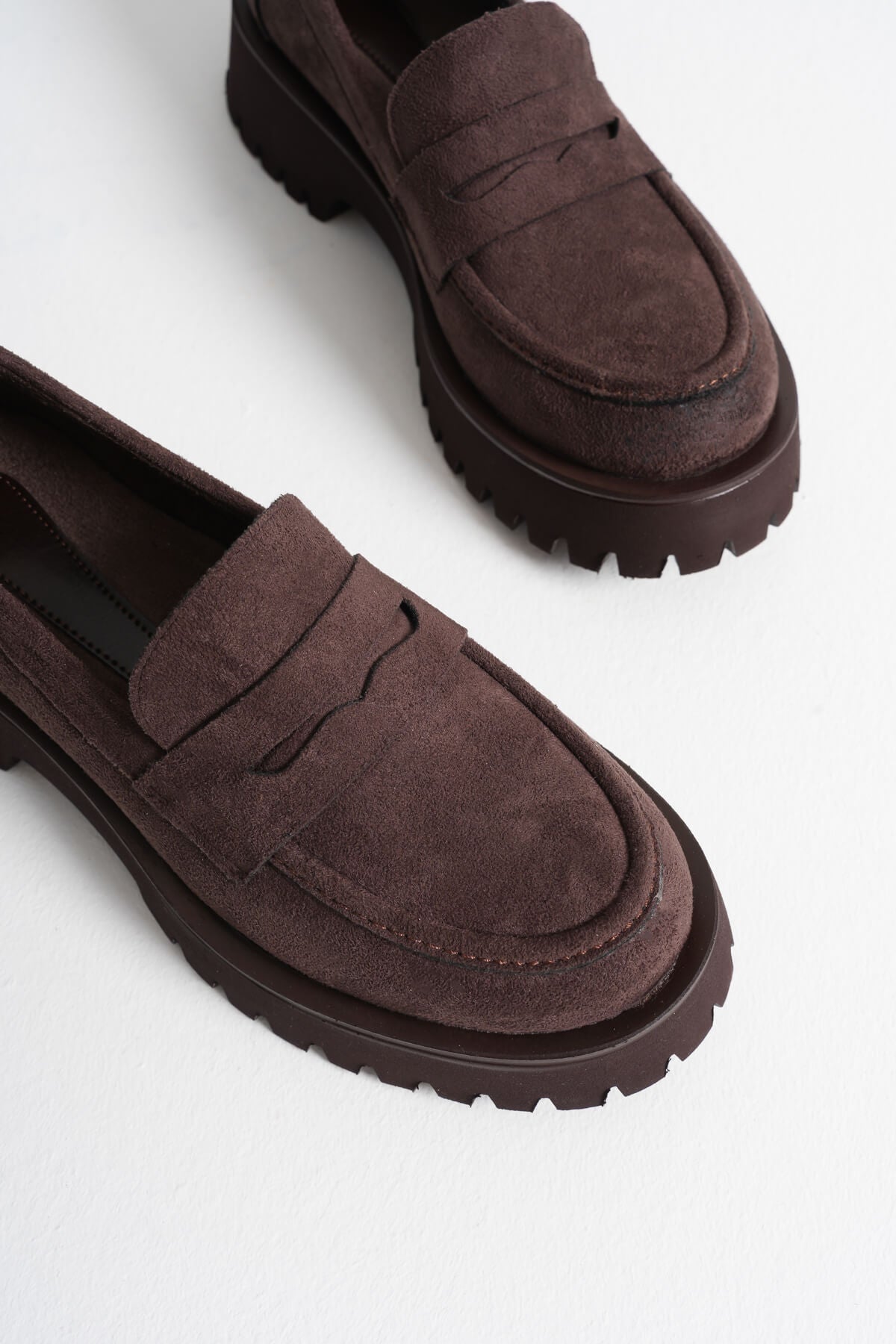 Noir Kadın Acı Kahve Süet Kalın Taban Loafer Ayakkabı