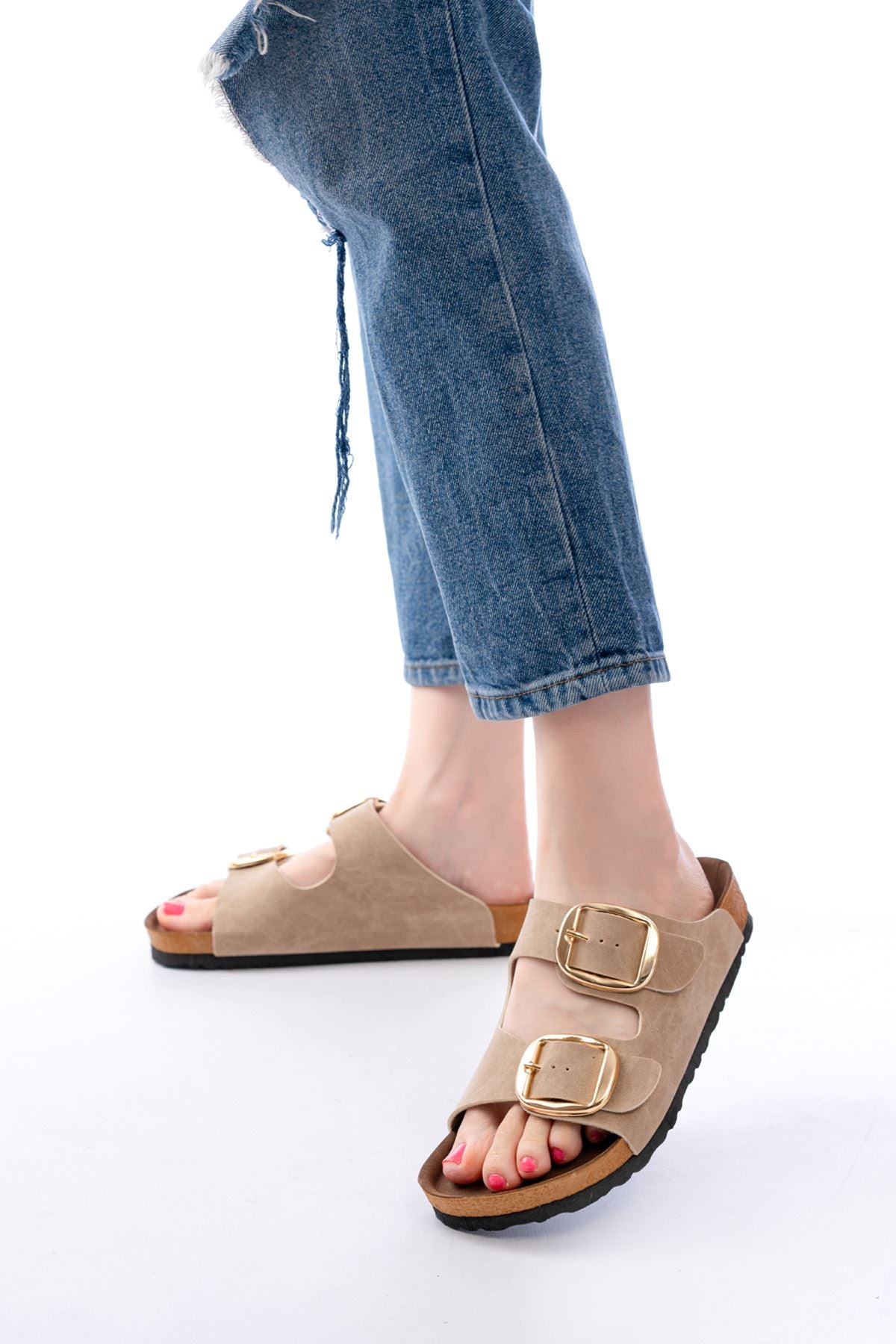 Janye Kadın Bej Süet Çift Tokalı Terlik