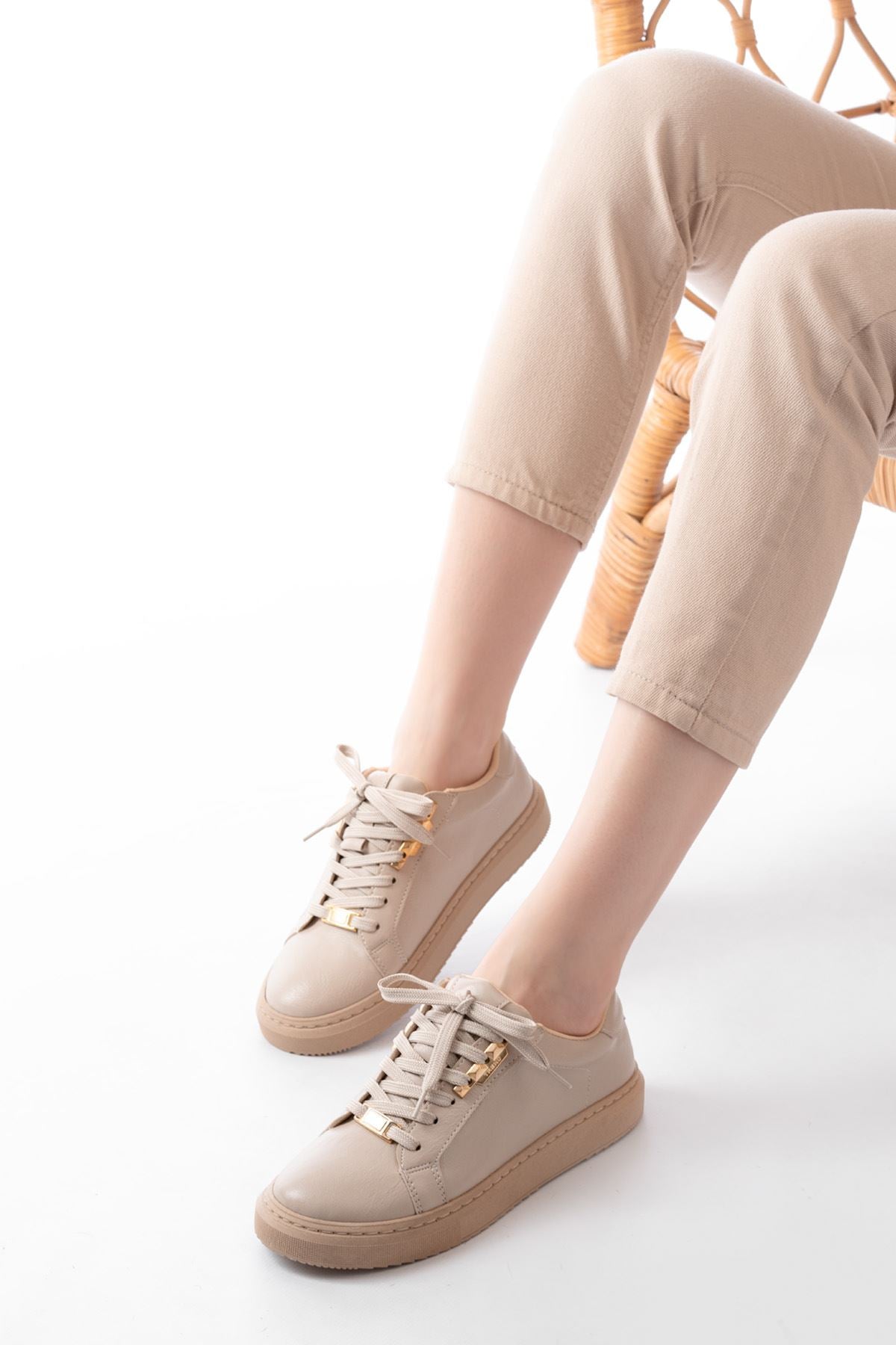 Pueng Bej Bağcıklı Taban Dikişli Günlük Kadın Spor