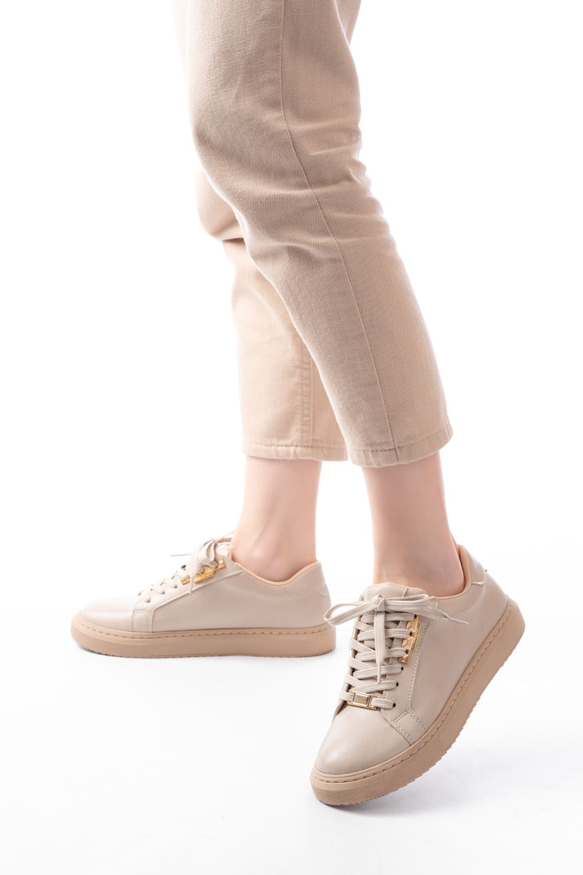 Pueng Bej Bağcıklı Taban Dikişli Günlük Kadın Spor