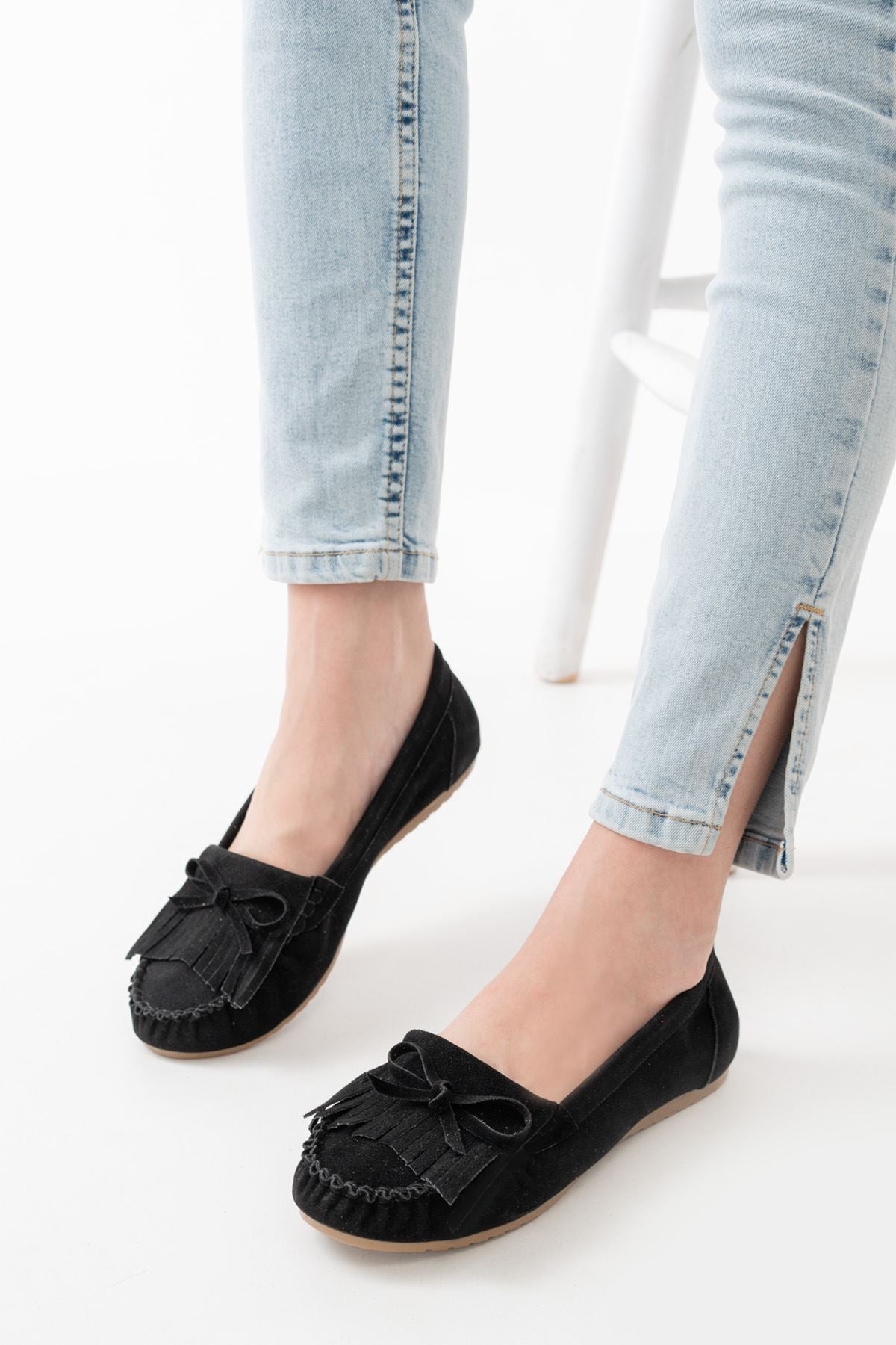 Cannis Siyah Süet Püsküllü Günlük Kadın Babet