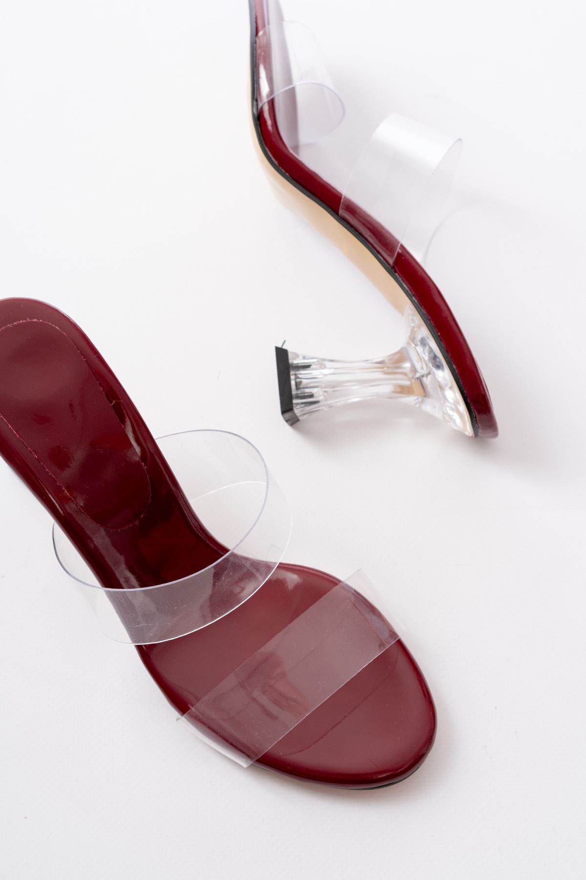 Ourenly Bordo Rugan Çift Bantlı Topuklu Kadın Terlik