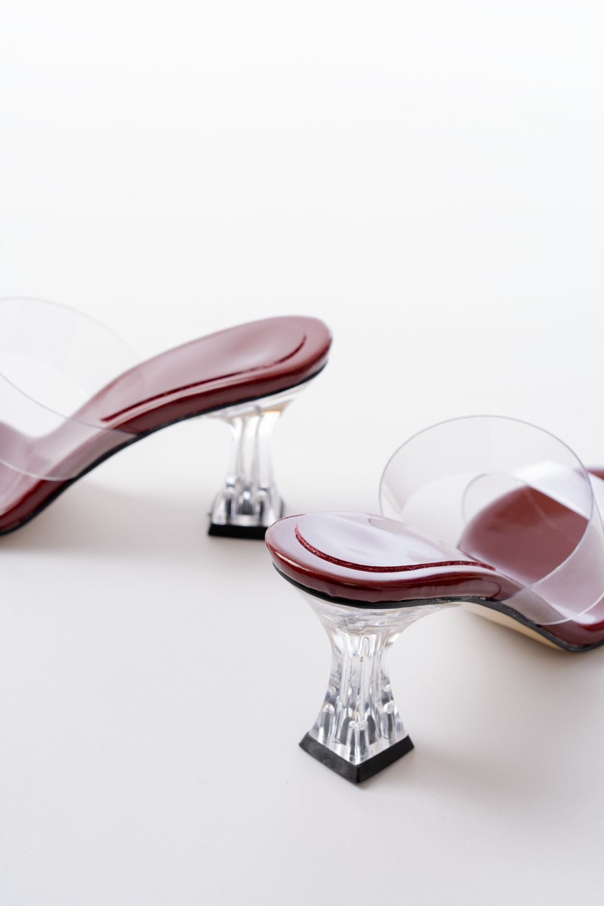 Ourenly Bordo Rugan Çift Bantlı Topuklu Kadın Terlik