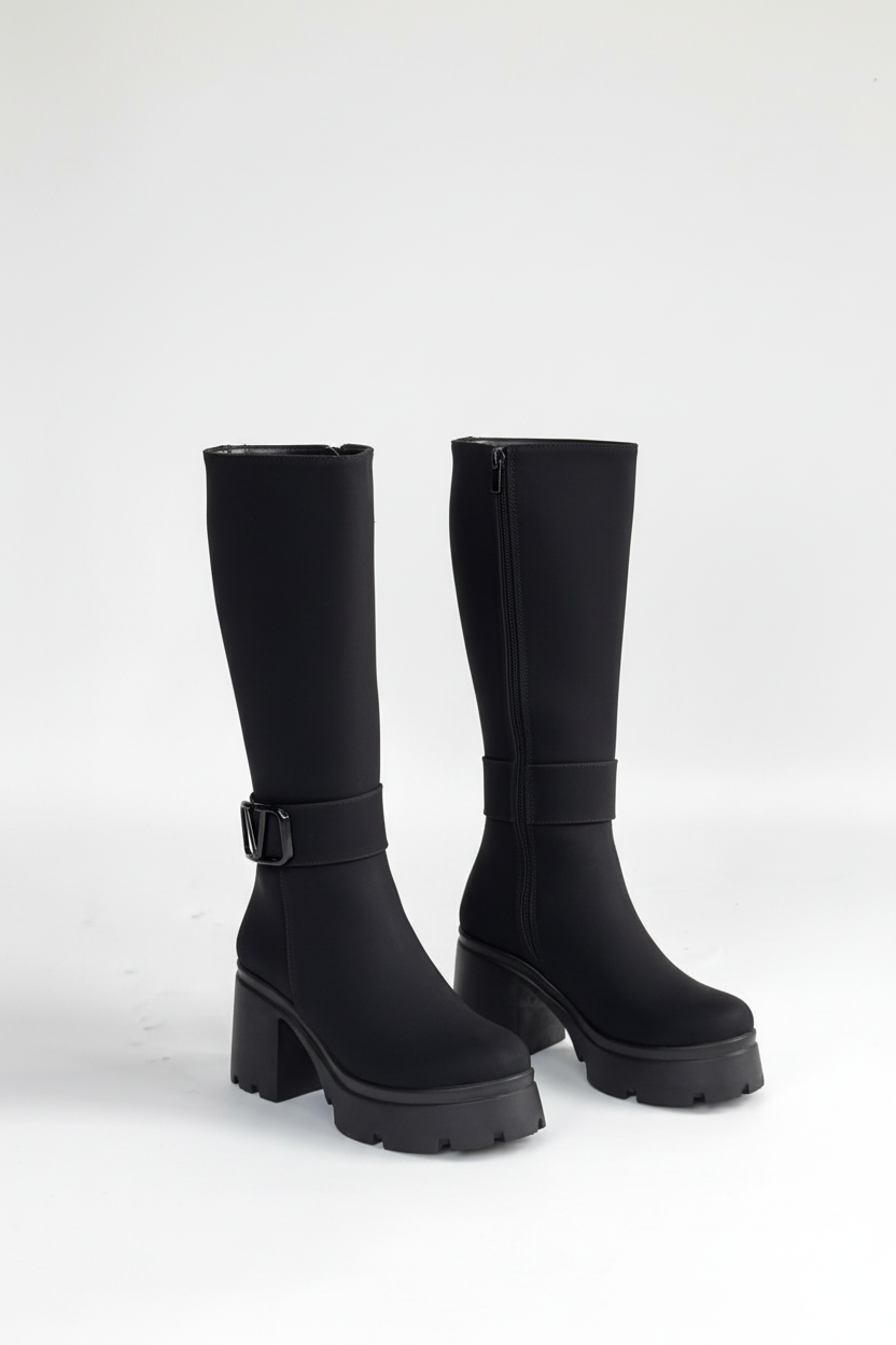 Moki Kadın Siyah Nubuk Tokalı Fermuarlı Topuklu Çizme