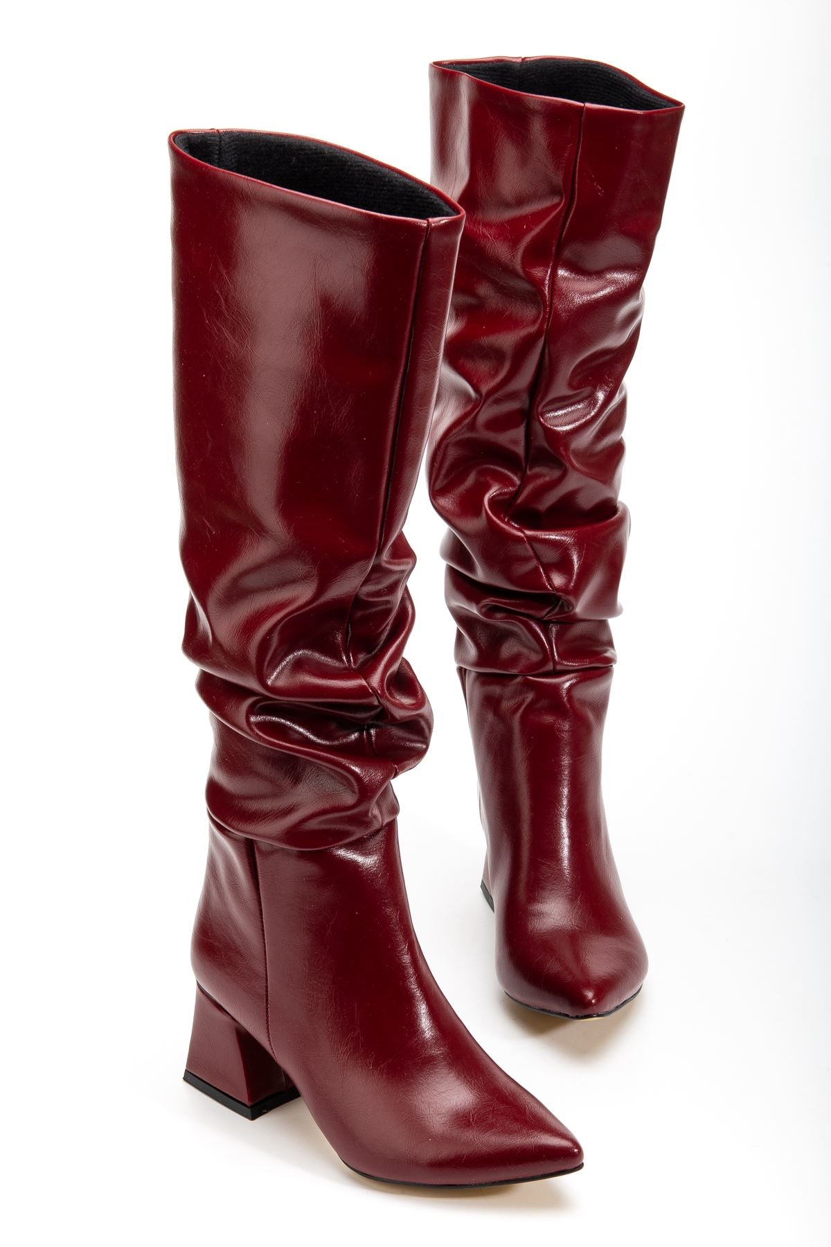 Ayzena Bordo Kırışık Rugan Körüklü Kalın Topuklu Kadın Çizme