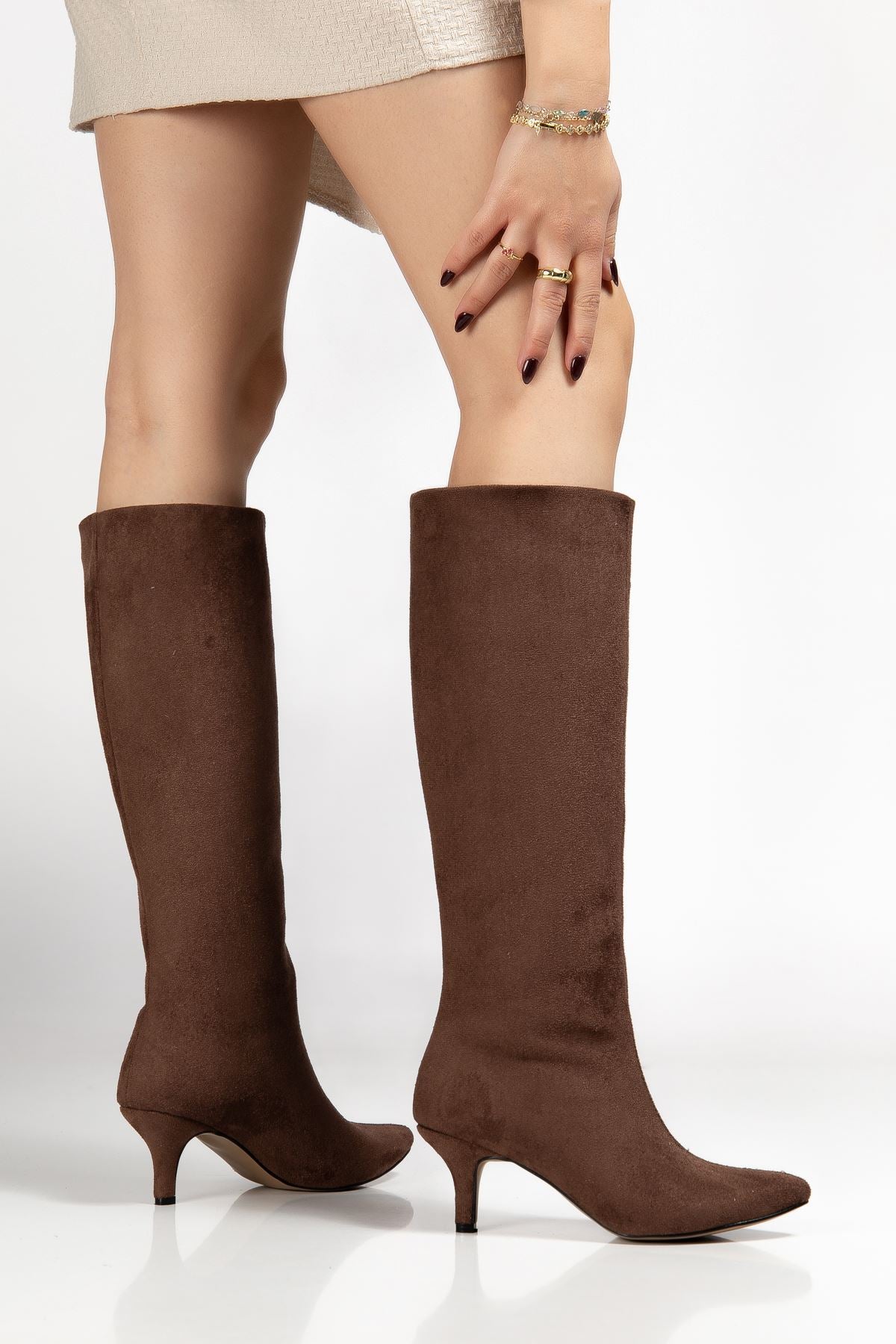Jutten Kahve Süet Topuklu Kadın Çizme